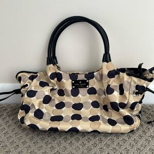 Kate Spade medium zipper tote, black and neutral dots with black patent handles